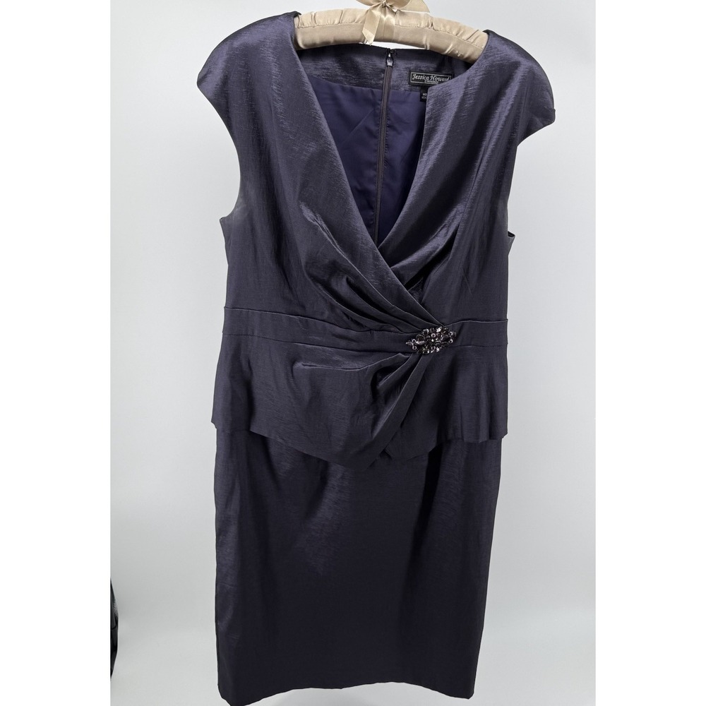 Jessica Howard Evening Dress 16 Purple Sheath Ruched Jeweled Cocktail Formal